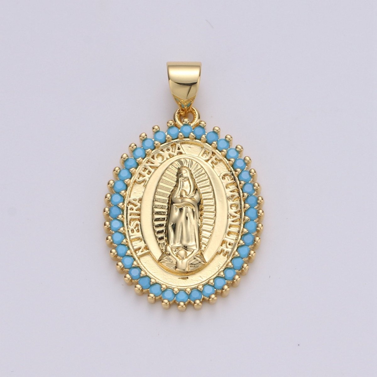 24k Gold Filled Virgin Mary Pendant Necklace Green Blue Teal Micro Pave Virgen de Guadalupe Medallion Pendant for Necklace Religious Jewelry I-841~I-843 I-845 - DLUXCA