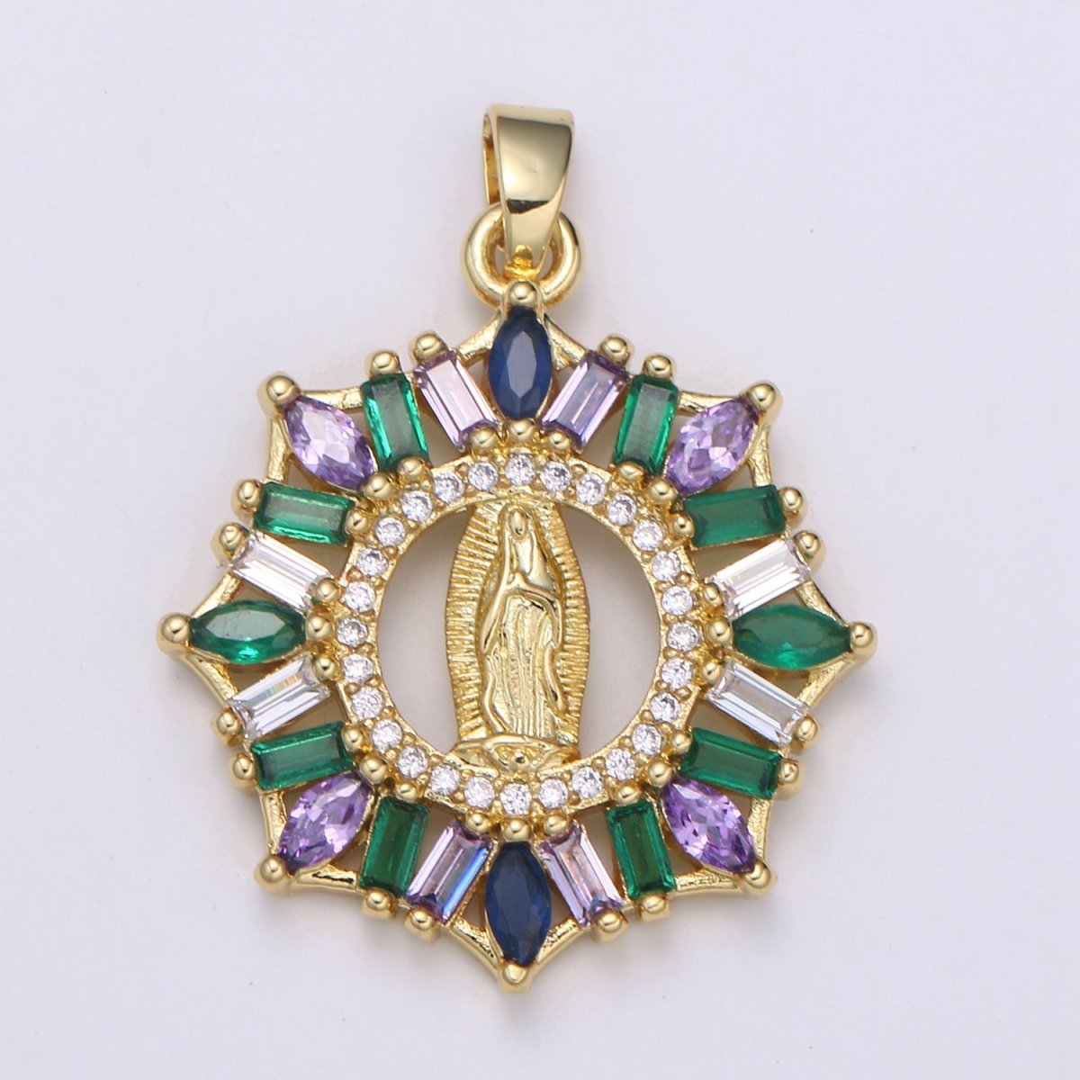 24K Gold Filled Virgin Mother Mary Pendant Micro Pave Baguette Lady of Guadalupe Medallion Necklace Charm for Religious Jewelry J-262 - DLUXCA