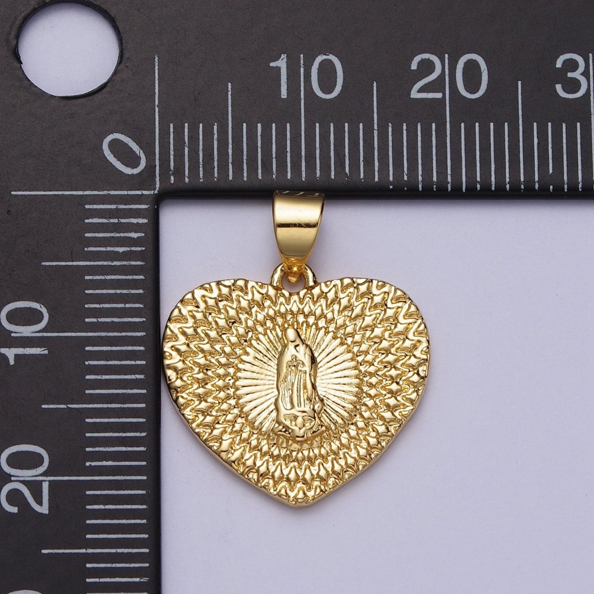 24K Gold Filled Virgin Mother Mary Sunburst Textured Heart Pendant H-413 - DLUXCA