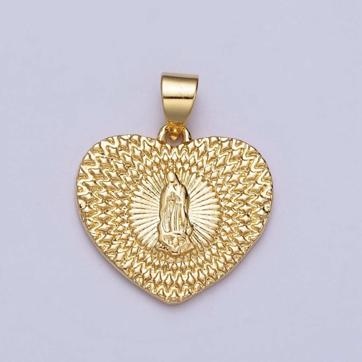 24K Gold Filled Virgin Mother Mary Sunburst Textured Heart Pendant H-413 - DLUXCA