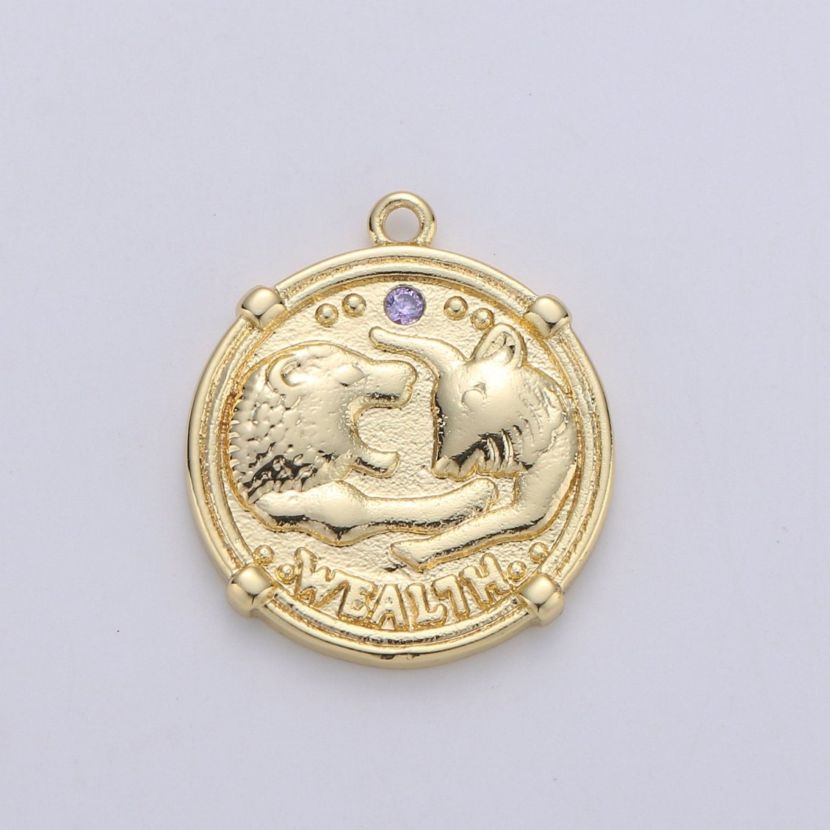 24K Gold Filled Wealth Strong Lion Dainty Charm with Micro Pave Lavender or Green Cubic Zirconia CZ Stone for Necklace or Bracelet, C-868 - DLUXCA