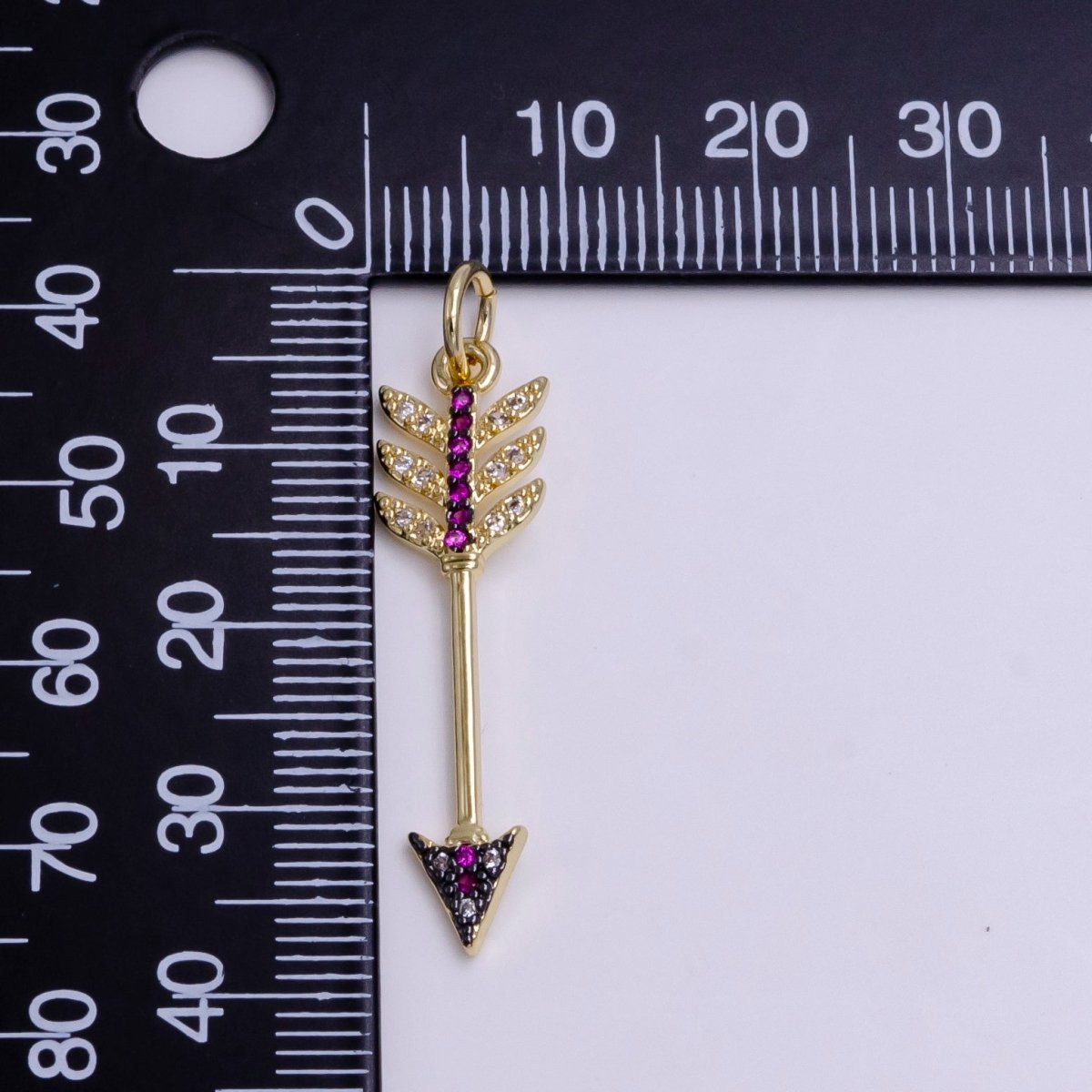 24K Gold Filled Weapon Arrow Fuchsia Clear Micro Paved CZ Charm E-449 - DLUXCA