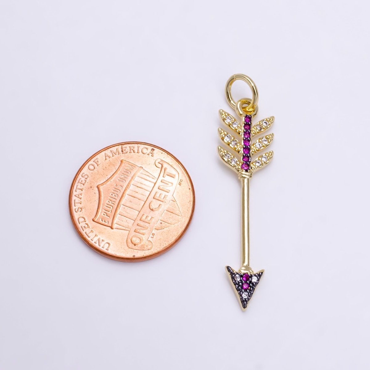 24K Gold Filled Weapon Arrow Fuchsia Clear Micro Paved CZ Charm E-449 - DLUXCA