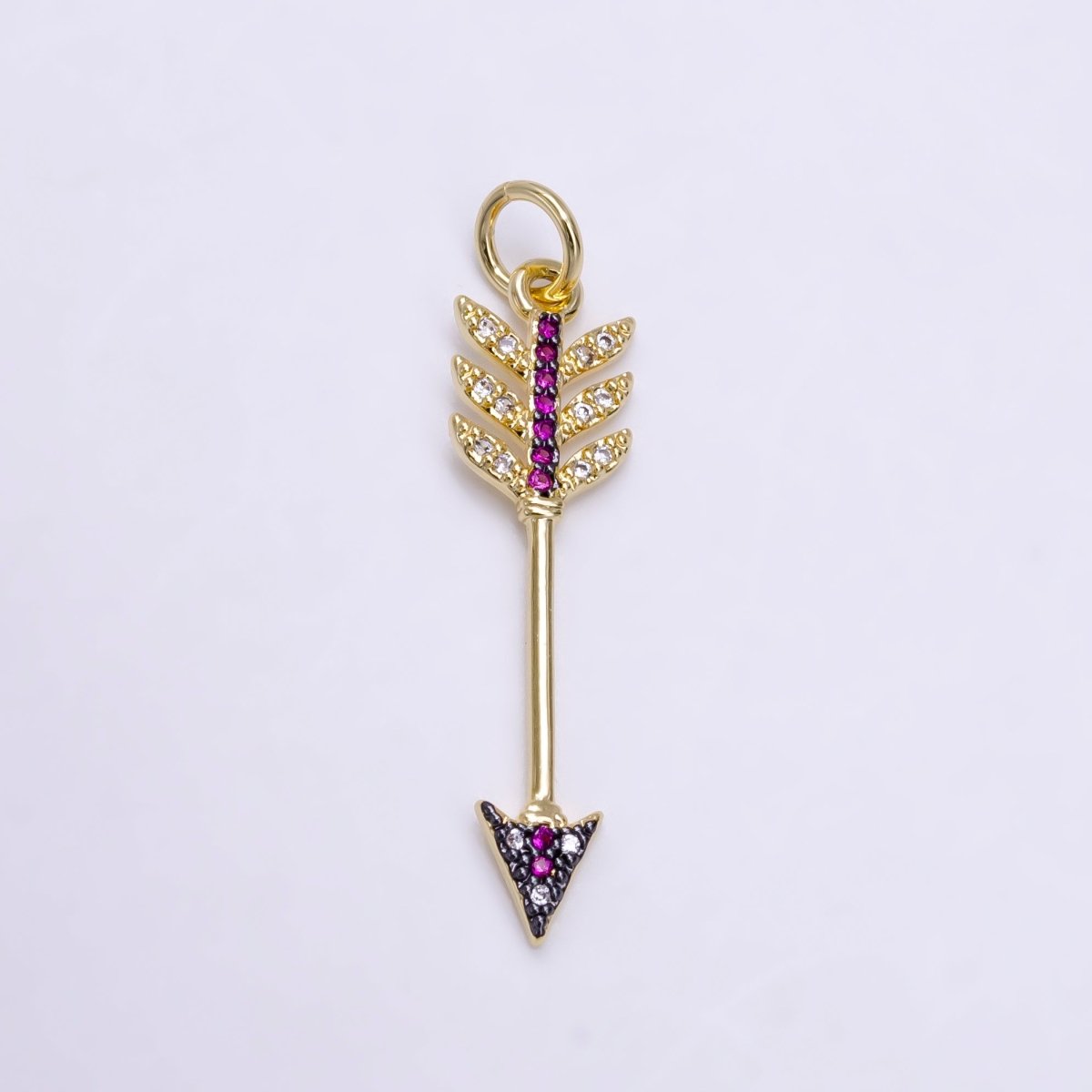 24K Gold Filled Weapon Arrow Fuchsia Clear Micro Paved CZ Charm E-449 - DLUXCA