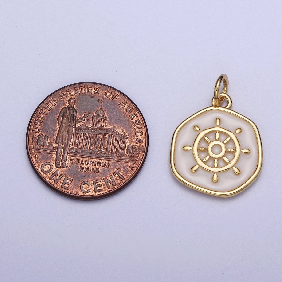 24K Gold Filled White Enamel Ship Boat Steering Wheel Round Coin Charm For Jewelry Making AG-135 - DLUXCA