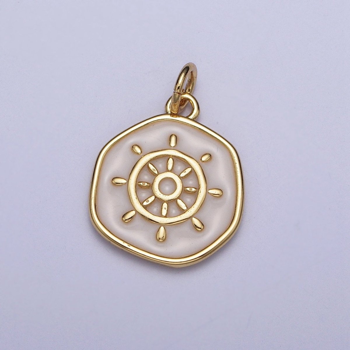24K Gold Filled White Enamel Ship Boat Steering Wheel Round Coin Charm For Jewelry Making AG-135 - DLUXCA