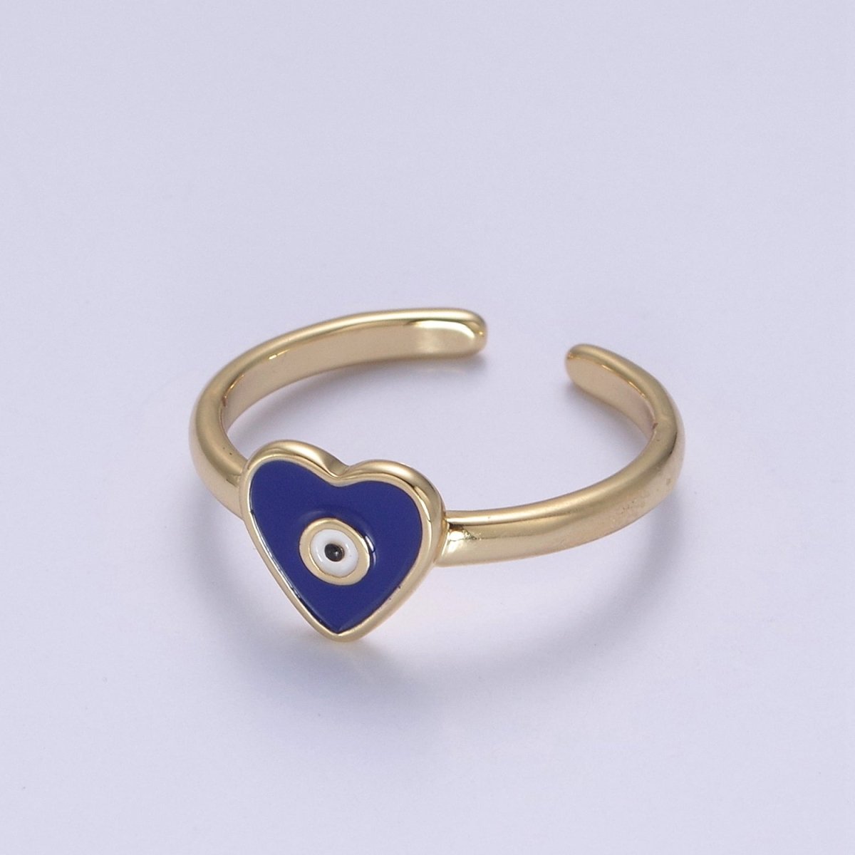 24K Gold Filled White, Navy Blue Enamel Heart Evil Eye Adjustable Ring | U-407 U-443 - DLUXCA