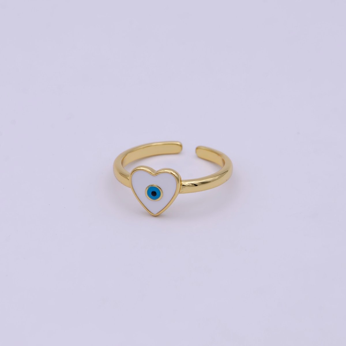 24K Gold Filled White, Navy Blue Enamel Heart Evil Eye Adjustable Ring | U-407 U-443 - DLUXCA