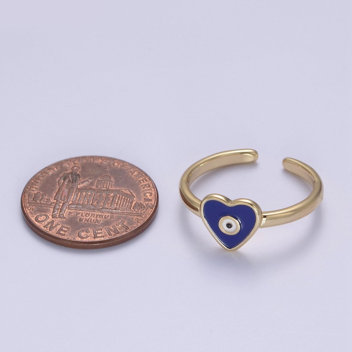 24K Gold Filled White, Navy Blue Enamel Heart Evil Eye Adjustable Ring | U-407 U-443 - DLUXCA