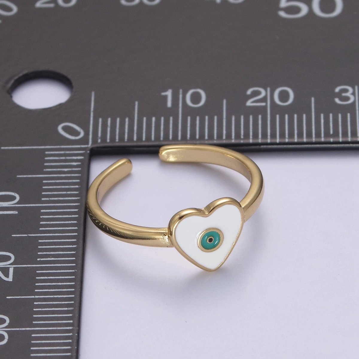 24K Gold Filled White, Navy Blue Enamel Heart Evil Eye Adjustable Ring | U-407 U-443 - DLUXCA