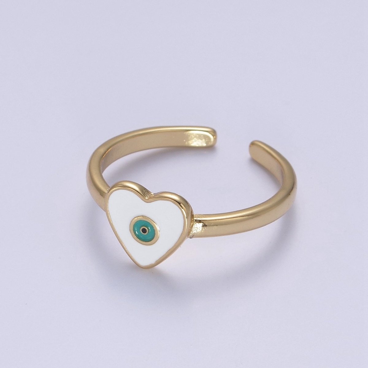 24K Gold Filled White, Navy Blue Enamel Heart Evil Eye Adjustable Ring | U-407 U-443 - DLUXCA