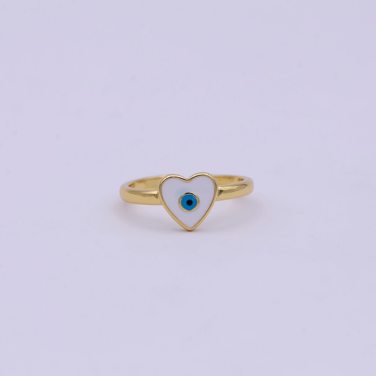 24K Gold Filled White, Navy Blue Enamel Heart Evil Eye Adjustable Ring | U-407 U-443 - DLUXCA