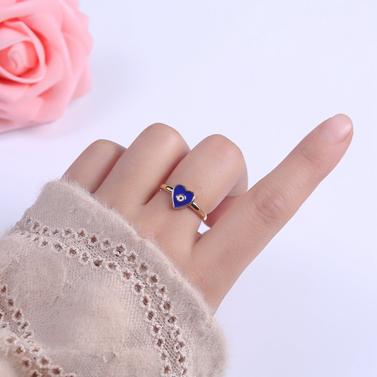 24K Gold Filled White, Navy Blue Enamel Heart Evil Eye Adjustable Ring | U-407 U-443 - DLUXCA