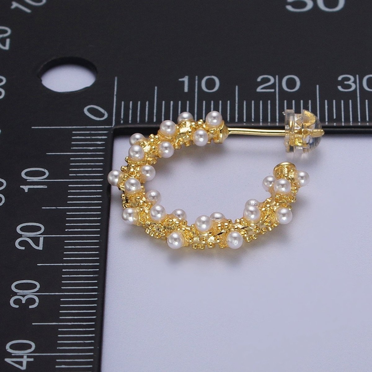 24K Gold Filled White Pearl Beaded C-Shaped Stud Hoop Earrings | Y-228 - DLUXCA