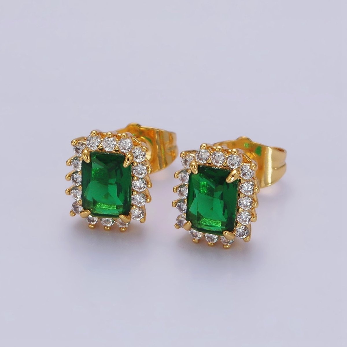 24K Gold Filled Yellow, Green, Pink, Purple, Red Baguette CZ Lined Stud Earrings | AE877 - AE881 - DLUXCA