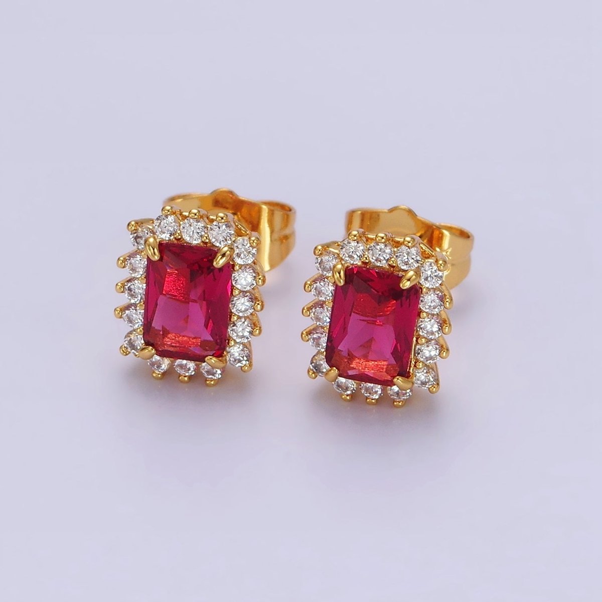 24K Gold Filled Yellow, Green, Pink, Purple, Red Baguette CZ Lined Stud Earrings | AE877 - AE881 - DLUXCA