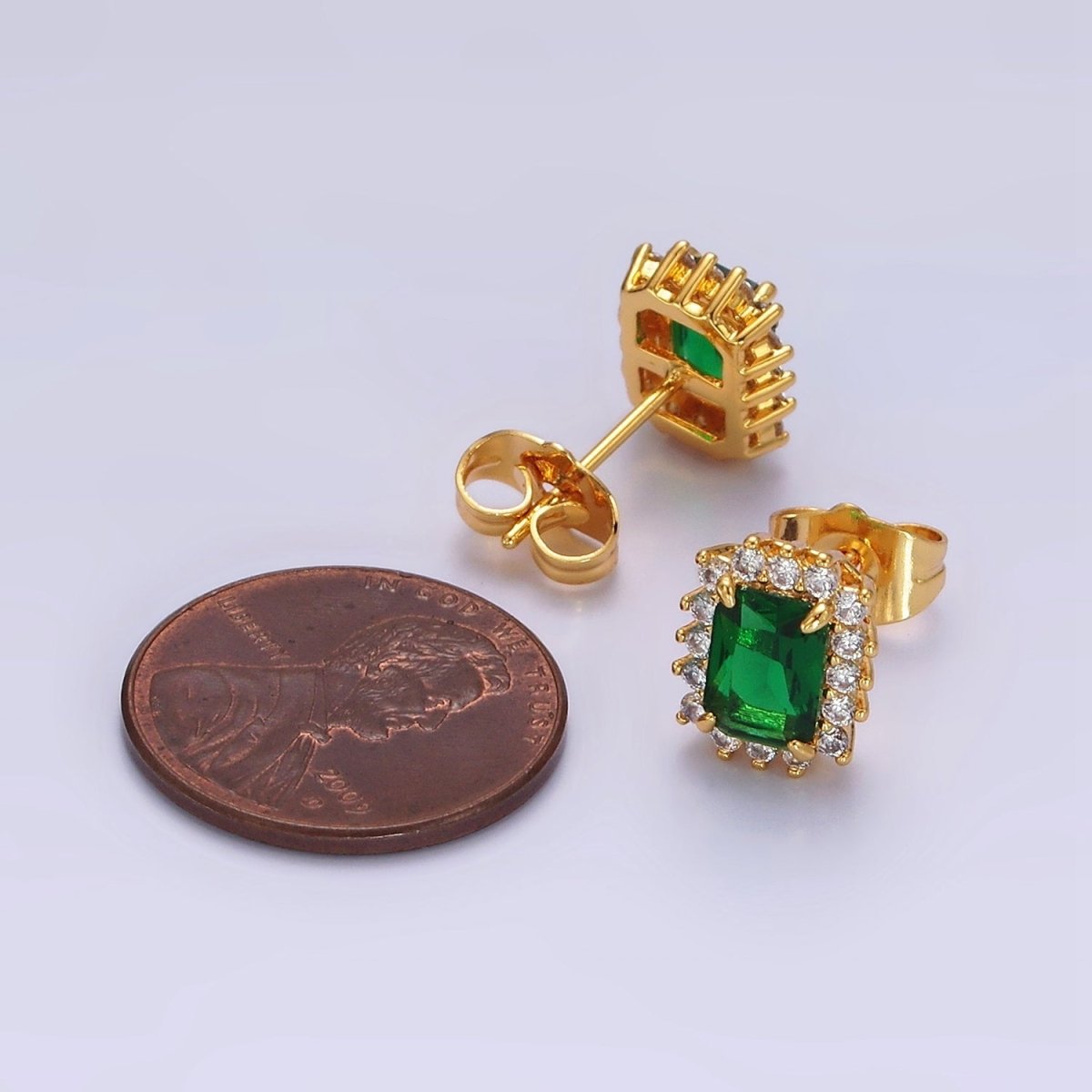 24K Gold Filled Yellow, Green, Pink, Purple, Red Baguette CZ Lined Stud Earrings | AE877 - AE881 - DLUXCA