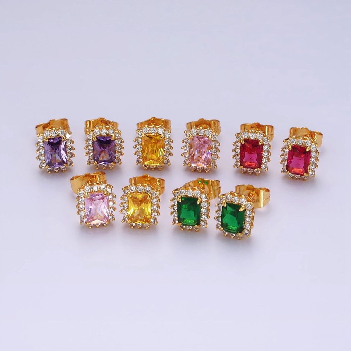 24K Gold Filled Yellow, Green, Pink, Purple, Red Baguette CZ Lined Stud Earrings | AE877 - AE881 - DLUXCA