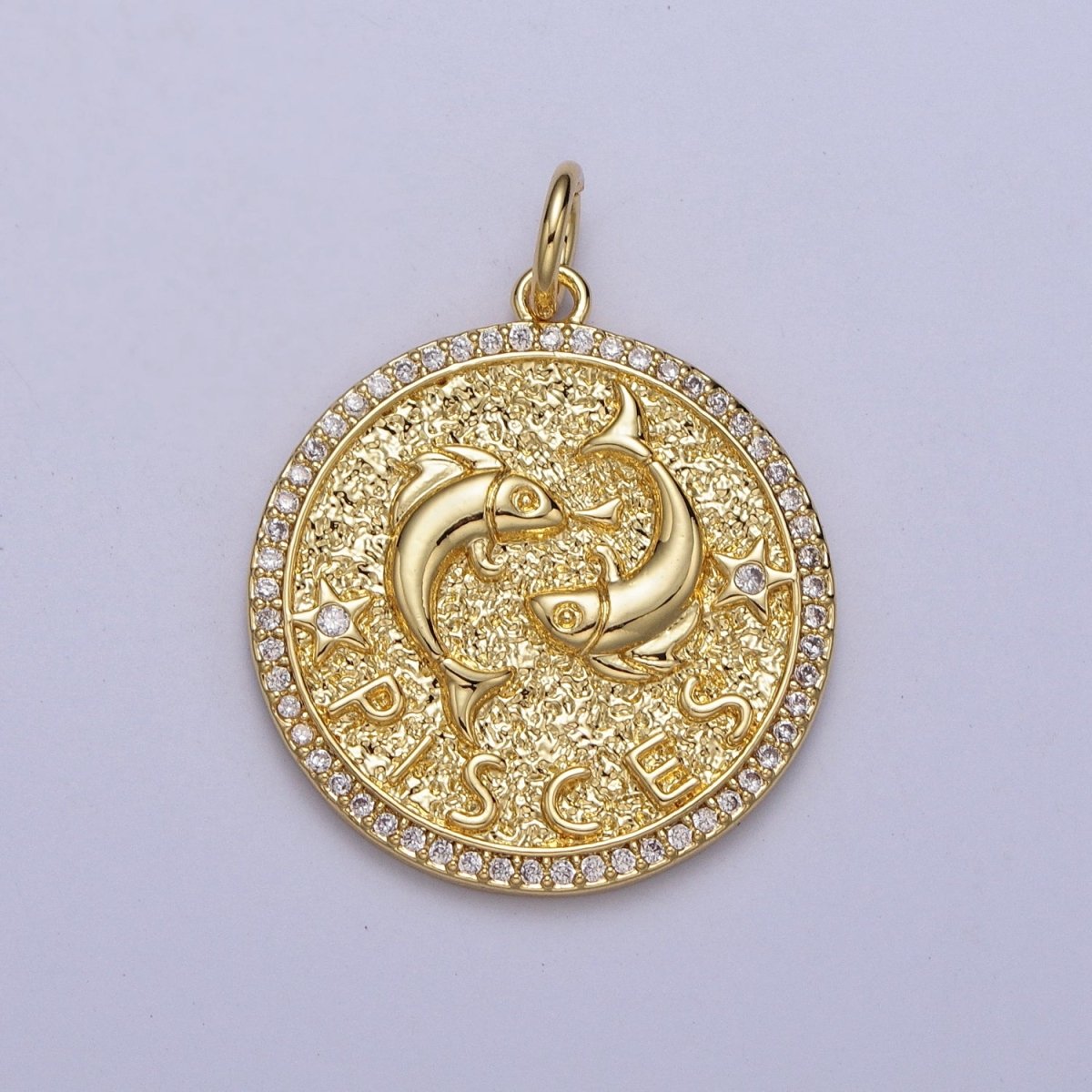 24K Gold Filled Zodiac Birth Star Hammered Round Micro Paved CZ Charm | A-456 - A-467 - DLUXCA