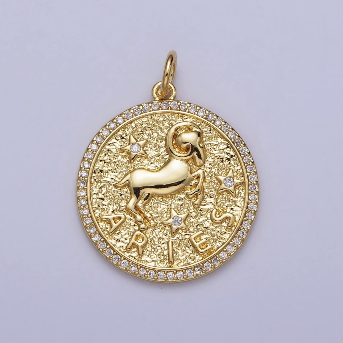 24K Gold Filled Zodiac Birth Star Hammered Round Micro Paved CZ Charm | A-456 - A-467 - DLUXCA