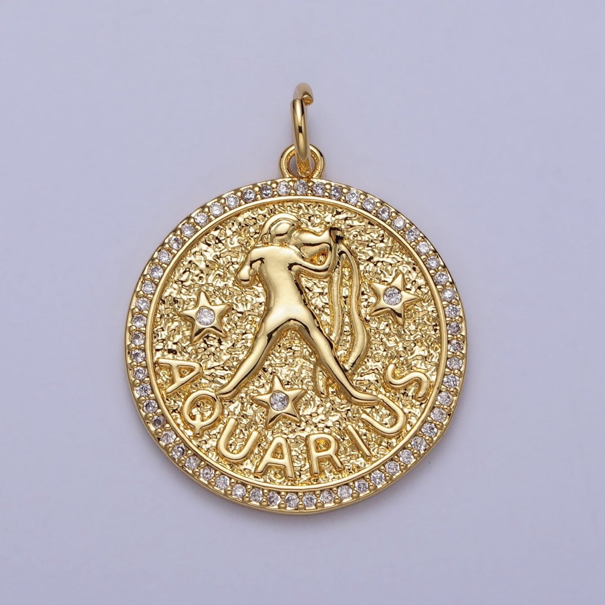 24K Gold Filled Zodiac Birth Star Hammered Round Micro Paved CZ Charm | A-456 - A-467 - DLUXCA