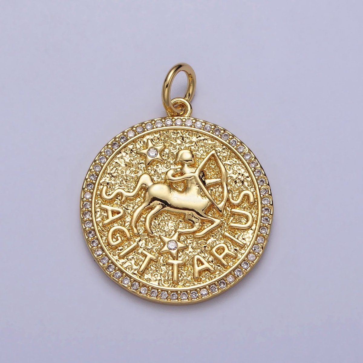 24K Gold Filled Zodiac Birth Star Hammered Round Micro Paved CZ Charm | A-456 - A-467 - DLUXCA