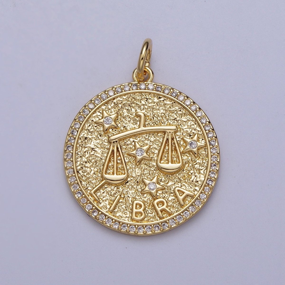 24K Gold Filled Zodiac Birth Star Hammered Round Micro Paved CZ Charm | A-456 - A-467 - DLUXCA