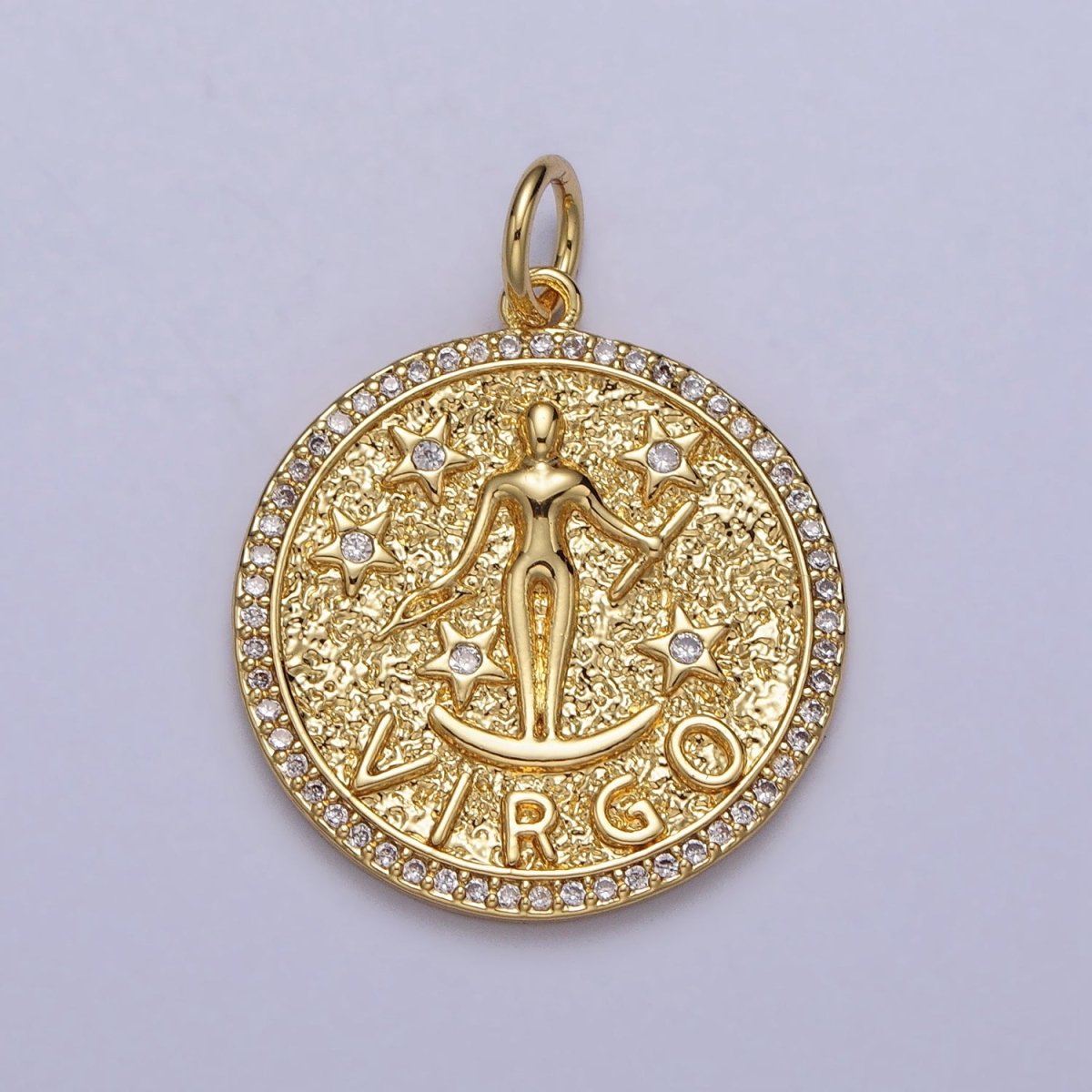 24K Gold Filled Zodiac Birth Star Hammered Round Micro Paved CZ Charm | A-456 - A-467 - DLUXCA