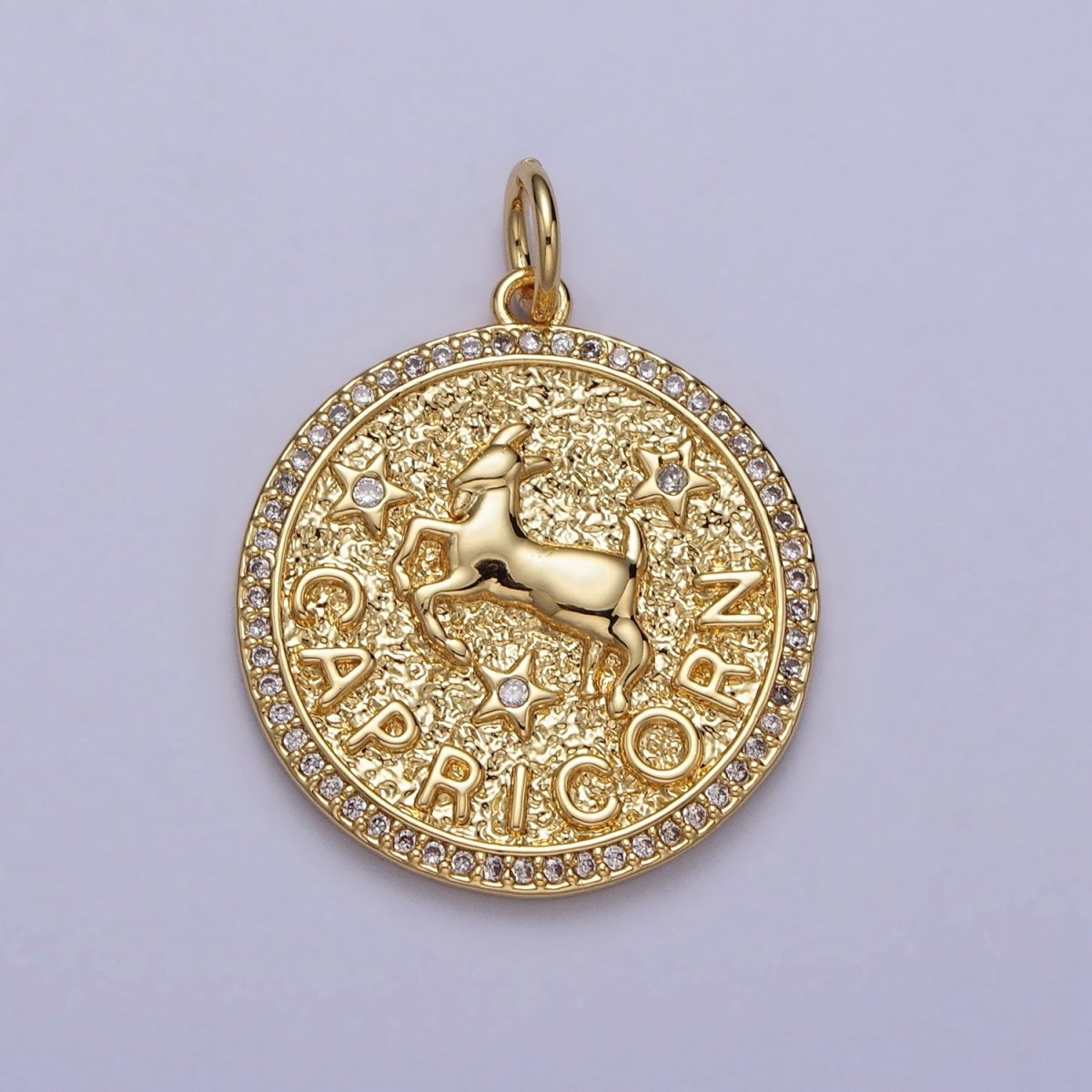 24K Gold Filled Zodiac Birth Star Hammered Round Micro Paved CZ Charm | A-456 - A-467 - DLUXCA