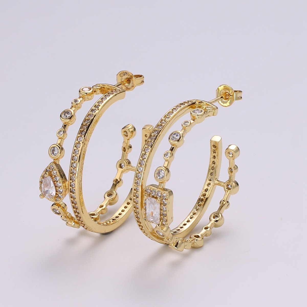 24K Gold Hoop Earring - Mismatched Hoop Earring - Geometric Cz hoop earring for women - Large Hoop 30MM Earring gift idea P-057 - DLUXCA