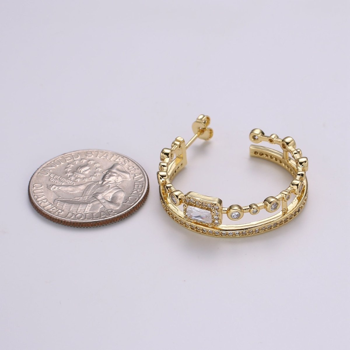 24K Gold Hoop Earring - Mismatched Hoop Earring - Geometric Cz hoop earring for women - Large Hoop 30MM Earring gift idea P-057 - DLUXCA