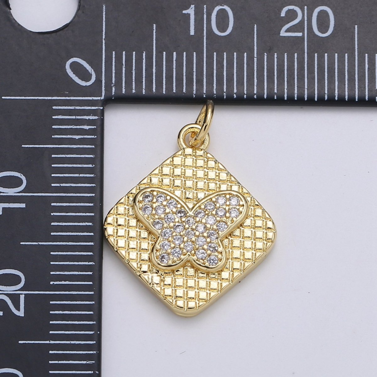 24K Gold Micro Pave Butterfly Charm Cubic Zirconia Mariposa Pendant Charm Square Plate CZ Moth Charm E-148 - DLUXCA