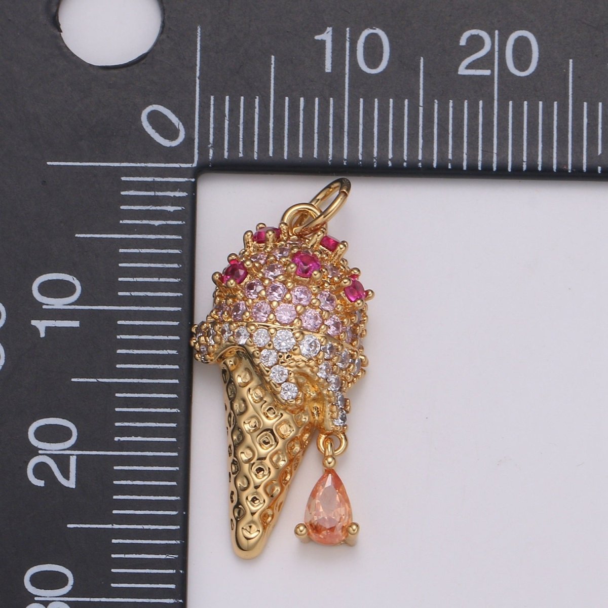 24K Gold Micro Pave CZ Ice Cream Pendant Charm, Dangling Pear cut CZ Pendant Charm, Cubic Cone Charm, For DIY Jewelry Making,E-203 - DLUXCA