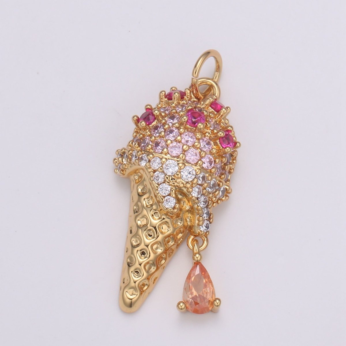 24K Gold Micro Pave CZ Ice Cream Pendant Charm, Dangling Pear cut CZ Pendant Charm, Cubic Cone Charm, For DIY Jewelry Making,E-203 - DLUXCA