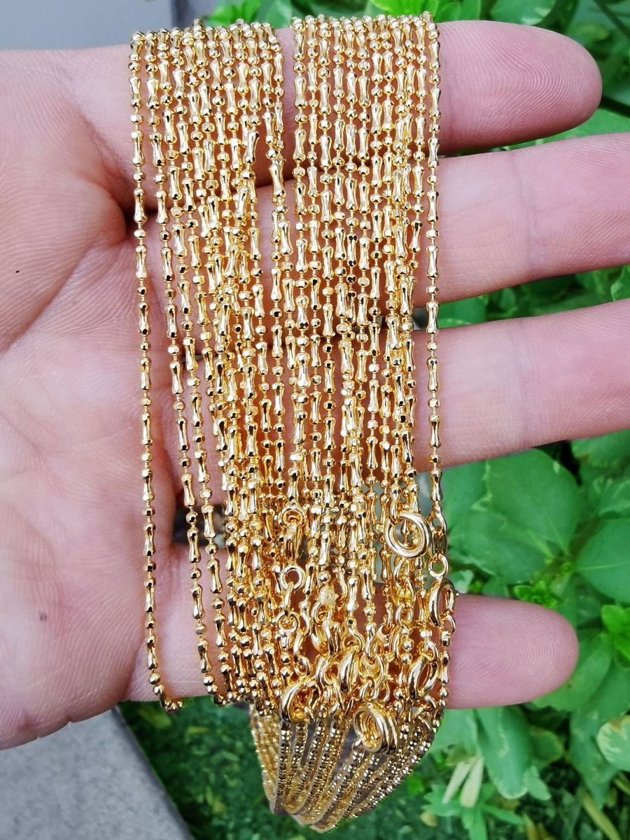 24K Gold Plated 1.6mm Bead Chain Necklace in 23.4 Inch Length Finished Chain Ready To Wear w/ Spring Clasps | CN-810 Clearance Pricing - DLUXCA