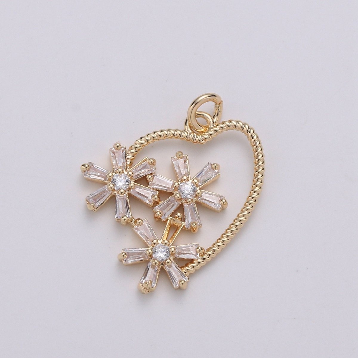 24K Gold Plated Baguette CZ Flowery Heart Pendant Charm, Daisy Hearts CZ Charm, Gold Filled Twist Rope Heart Pendant E-563 - DLUXCA