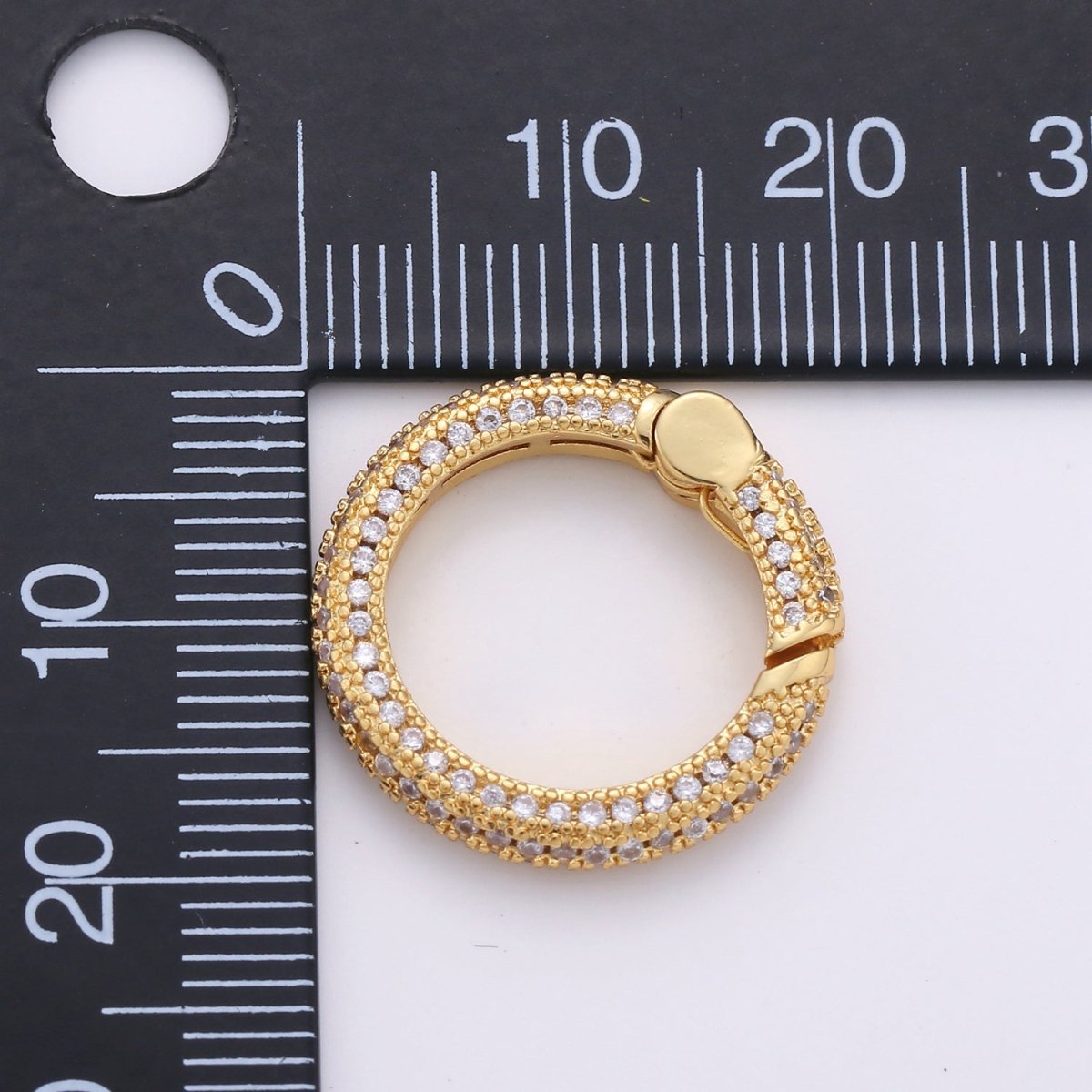 24K Gold-Plated Circle Carabiner, Pave Cubic Zirconia Rhinestones, Hinged Clip Clasp L-185 - DLUXCA