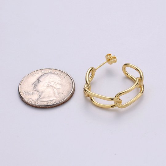 24k Gold Plated Earrings, Hoop Earrings, Long Chain Link Earring, Stud Earring, Gift for Her, Earrings for Women, Everyday Wear Earring Q-528 - DLUXCA