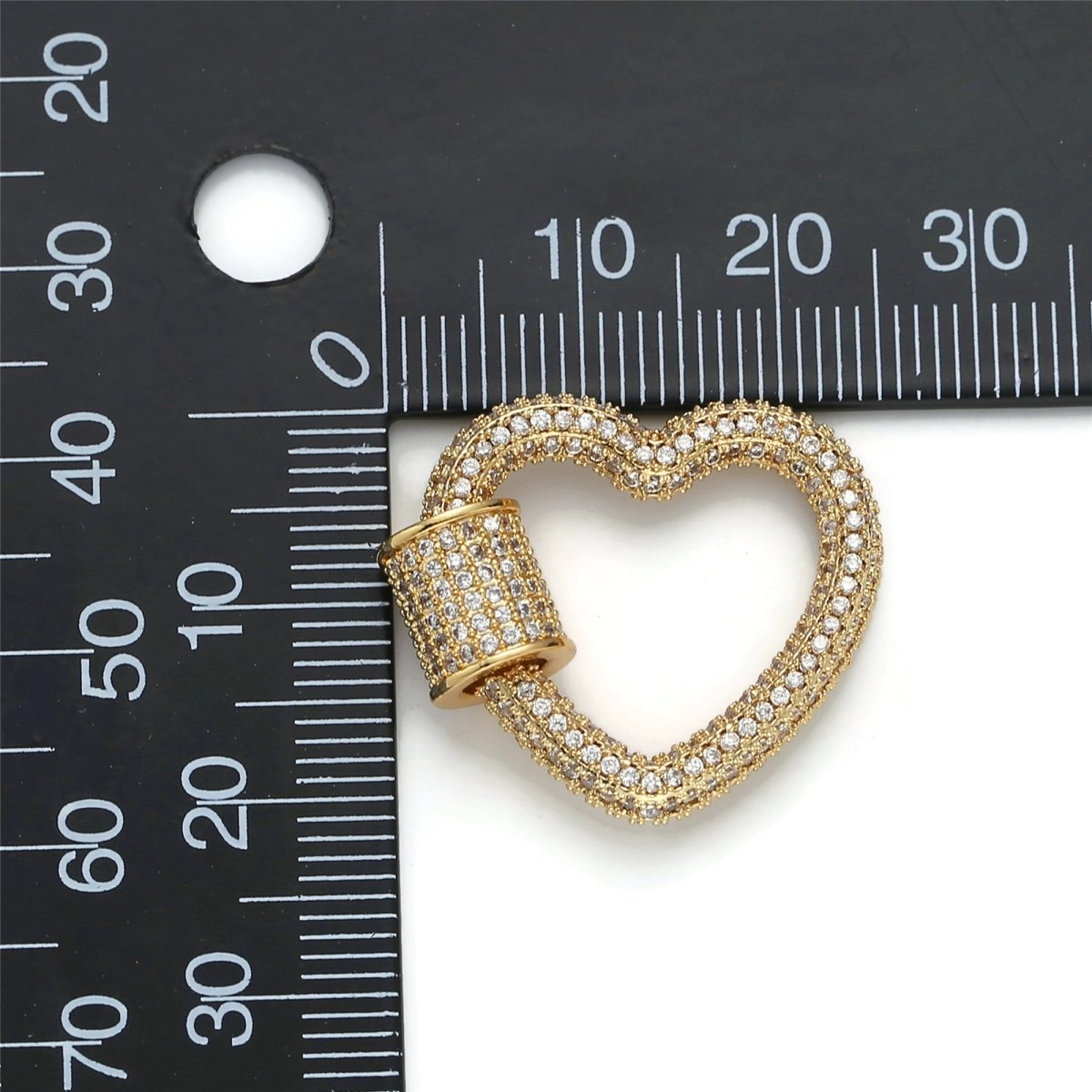 24K Gold-Plated Heart Carabiner, Full Pave Cubic Zirconia Rhinestones, Circle Screw Clasp, Gold and Silver K-126 - DLUXCA
