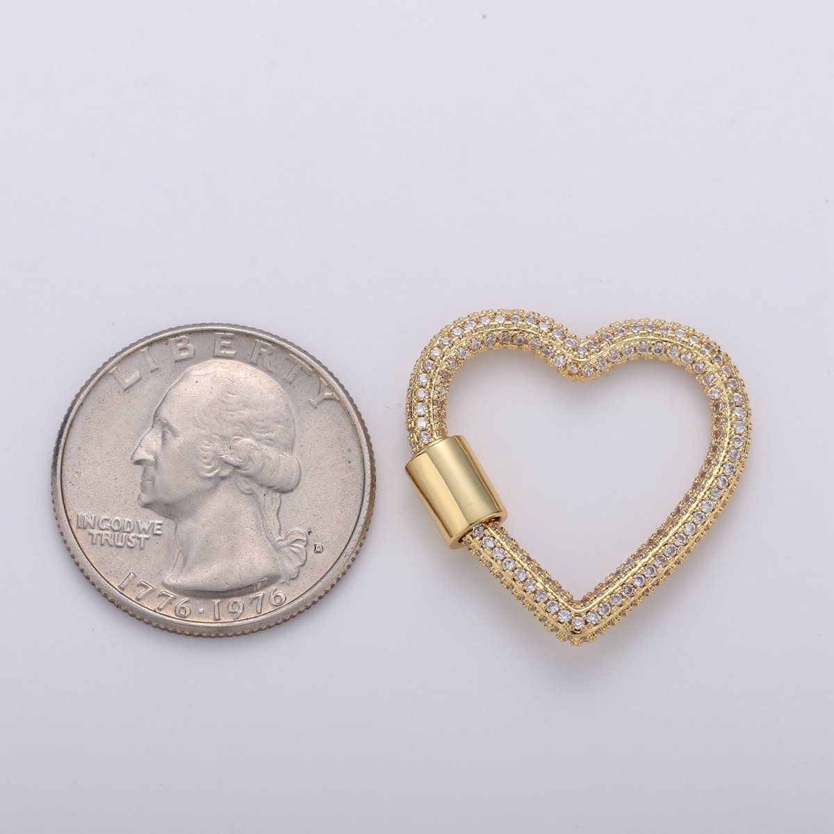 24K Gold-Plated Heart Carabiner, Pave Cubic Zirconia Rhinestones, Circle Screw Clasp - DLUXCA