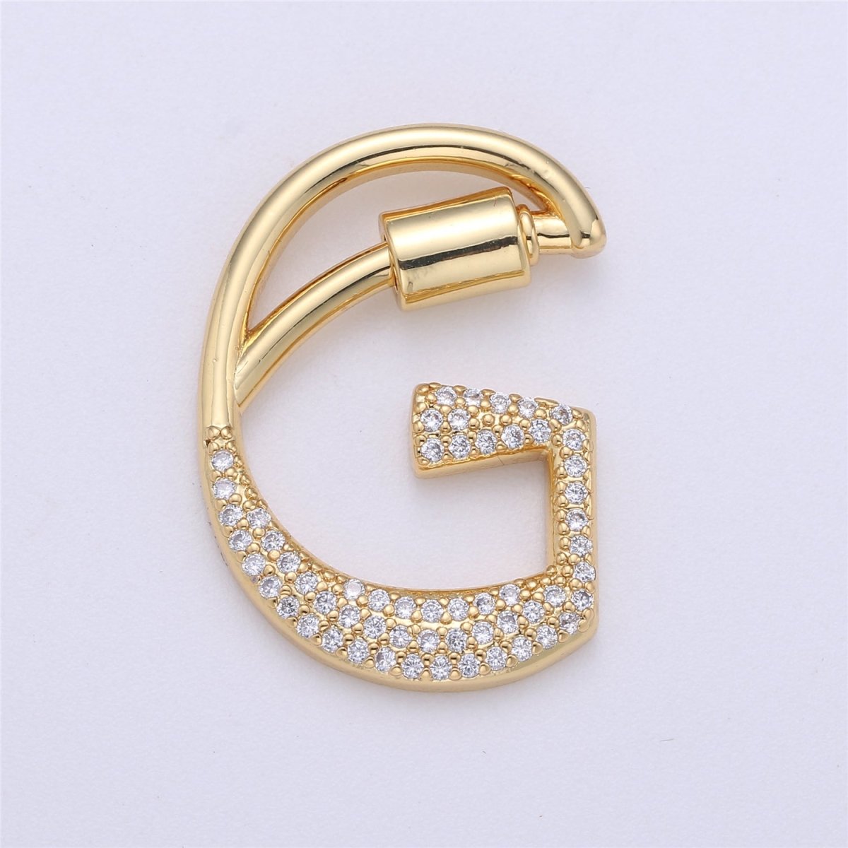24K Gold-Plated Letter "G" Carabiner with Pave Zirconia Rhinestones, Circle Screw Clasp - DLUXCA