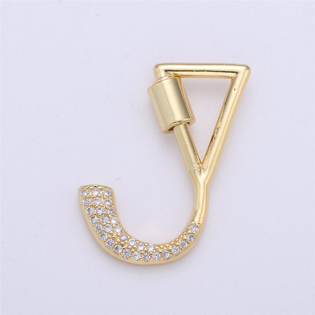 24K Gold-Plated Letter "J" Carabiner with Pave Zirconia Rhinestones, Circle Screw Clasp - DLUXCA