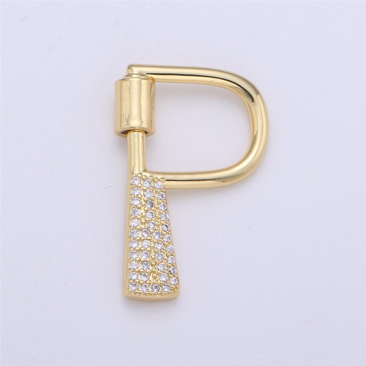 24K Gold-Plated Letter "P" Carabiner with Pave Zirconia Rhinestones, Circle Screw Clasp - DLUXCA