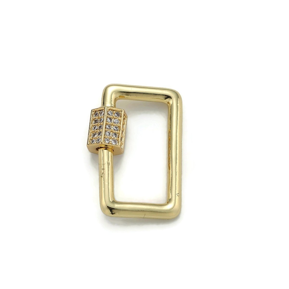 24K Gold-Plated Rectangle Carabiner, Hexagonal Screw Clasp with Pave Cubic Zirconia Rhinestones, Gold or Silver Option - DLUXCA
