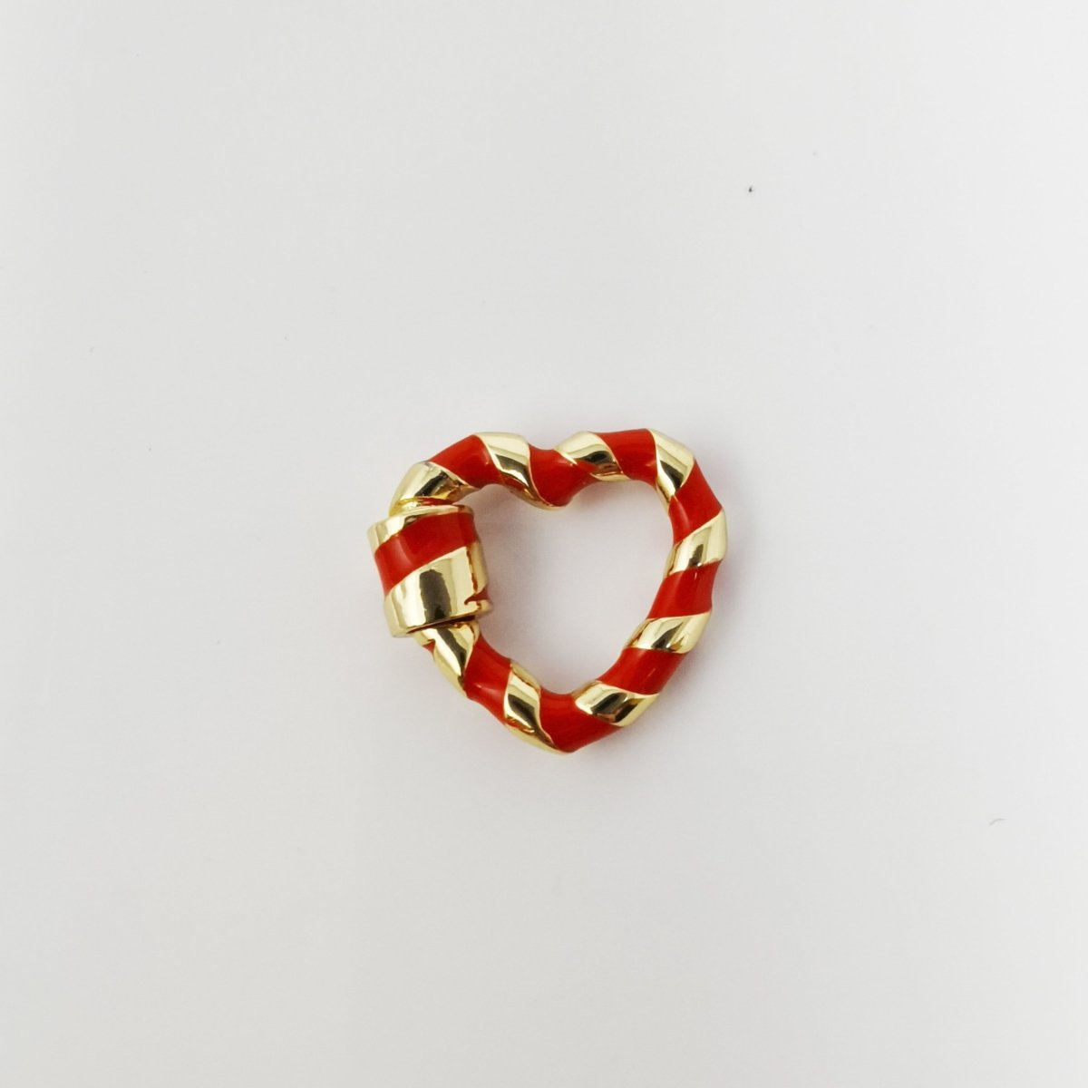 24K Gold-Plated Red and Gold Heart Carabiner, Candy Cane Swirl Design, Circle Screw Clasp - DLUXCA