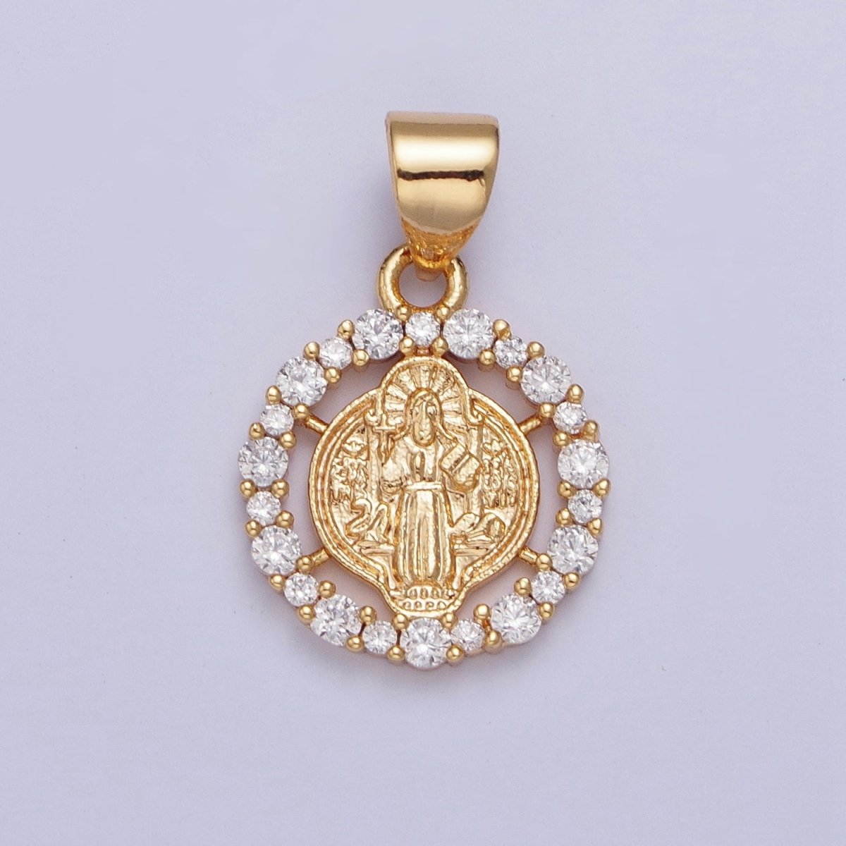 24K Gold Plated St Benedict Medallion, Micro Pave Clear Cubic Zirconia CZ Religious Saint Open Round Charm X-447 - DLUXCA