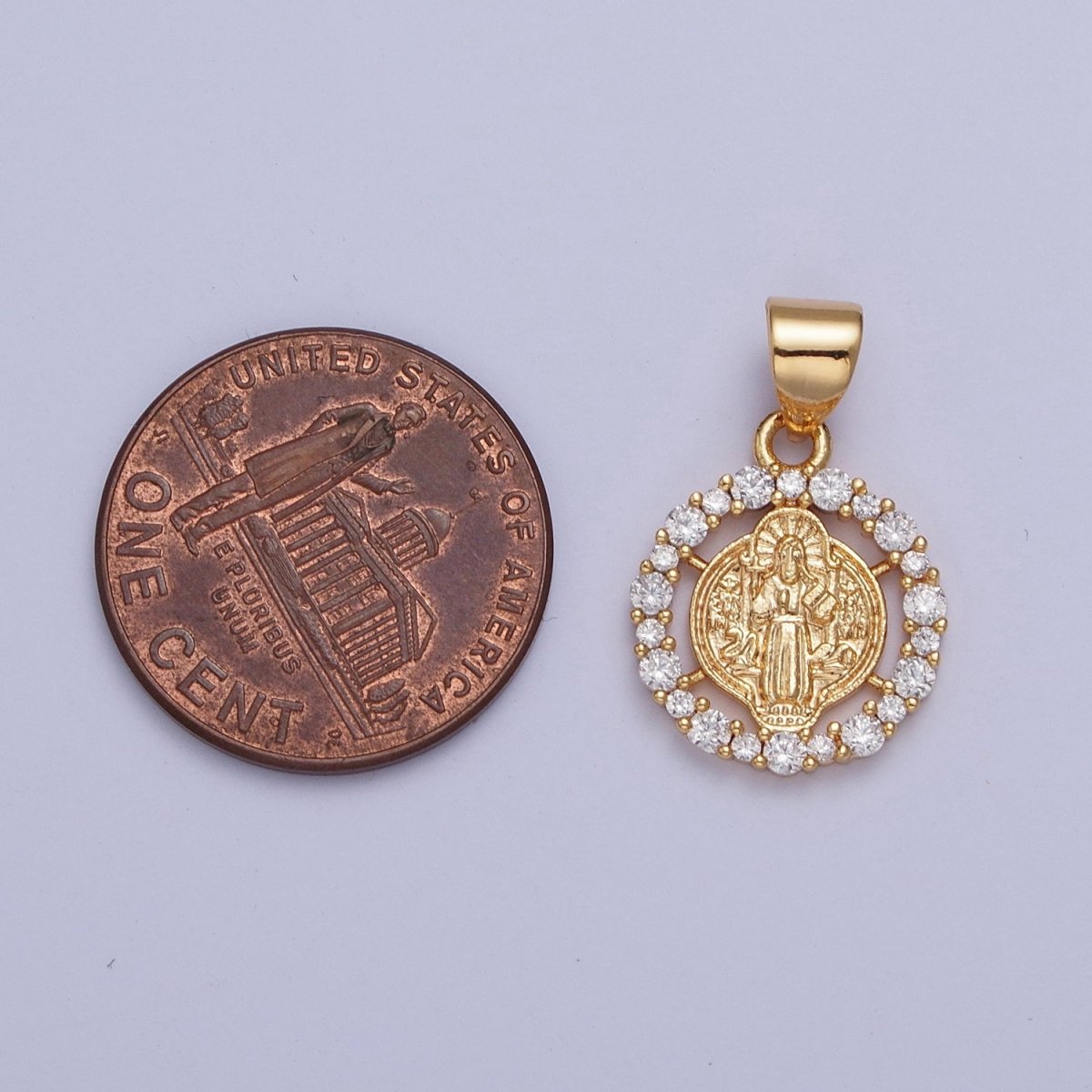 24K Gold Plated St Benedict Medallion, Micro Pave Clear Cubic Zirconia CZ Religious Saint Open Round Charm X-447 - DLUXCA