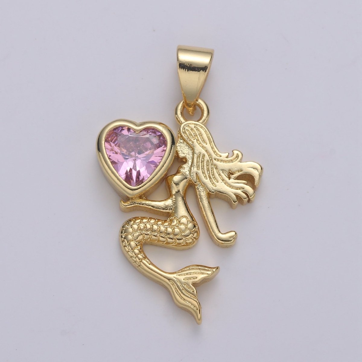 24K Gold Solitaire CZ Mermaid Pendant Charm, Love CZ Mermaid Heart Pendant Charm, Pendant, For DIY Jewelry H-285 H-286 - DLUXCA