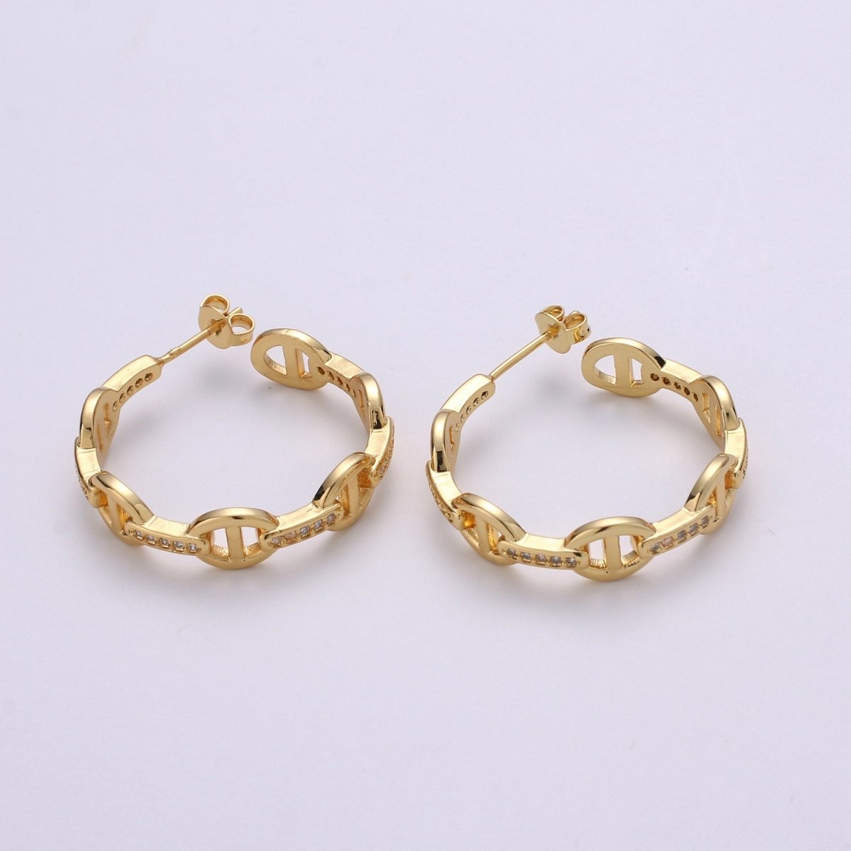 24K Gold Vermeil Mariner's Link Chain Earrings Gold Hoops Earring with CZ Cubic Zirconia Q-119 - DLUXCA