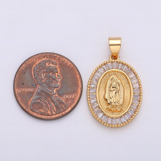 24K Gold Virgin Mary Pendant- Micro Pave Gold Coin Charm- Gold Medal Pendant Necklace -Our Lady of Guadalupe Medal Religious Jewelry Supply I-632 - DLUXCA